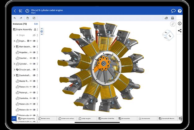 A CAD model of an engine shown in Onshape on an Ipad