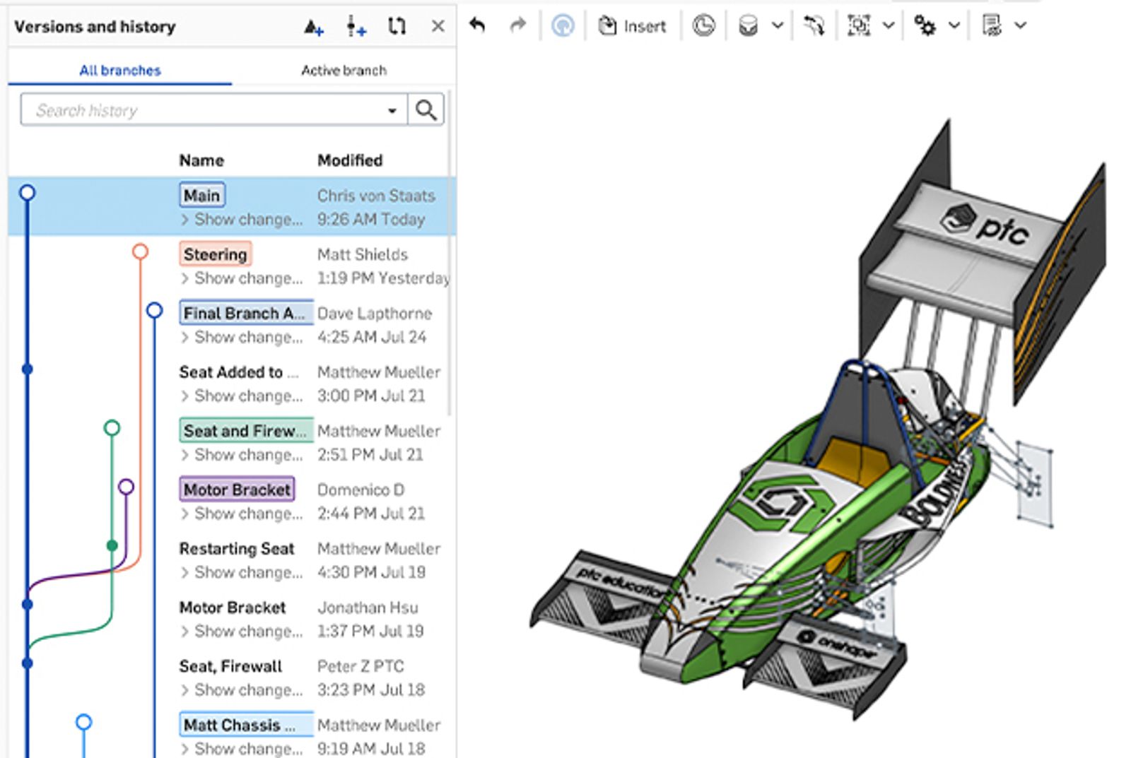 The version history of a CAD model.