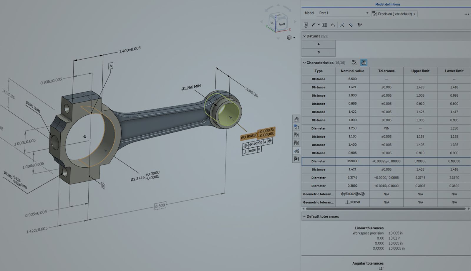 Onshape GUI with an overlay showing a CAD model with PMI embedded.