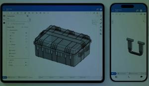 Onshape GUI darkened with an overlay on iOS devices, an iPad and iPhone, showing a CAD model.