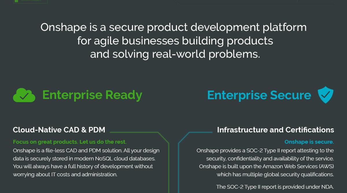 Onshape is a secure product development platform for agile businesses building products and solving real world problems