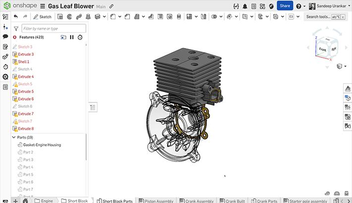 Onshape GUI showing a 3D model of a gas leaf blower with broken references