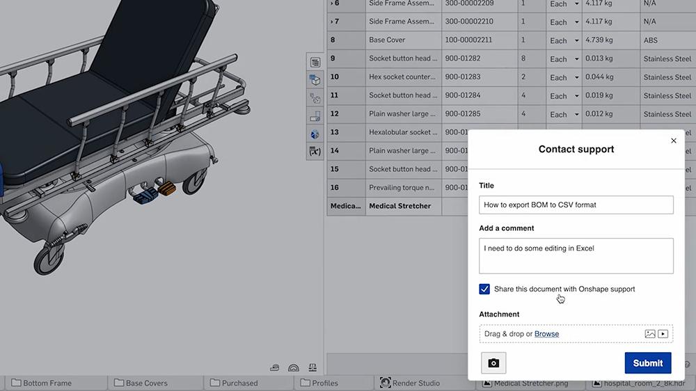 fenêtre de contact avec l'assistance dans Onshape