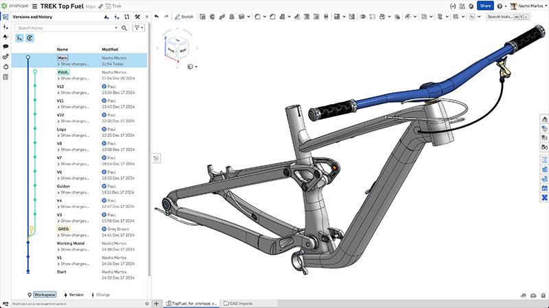 Trek Top Fuel frame assembly in Onshape, showing version history
