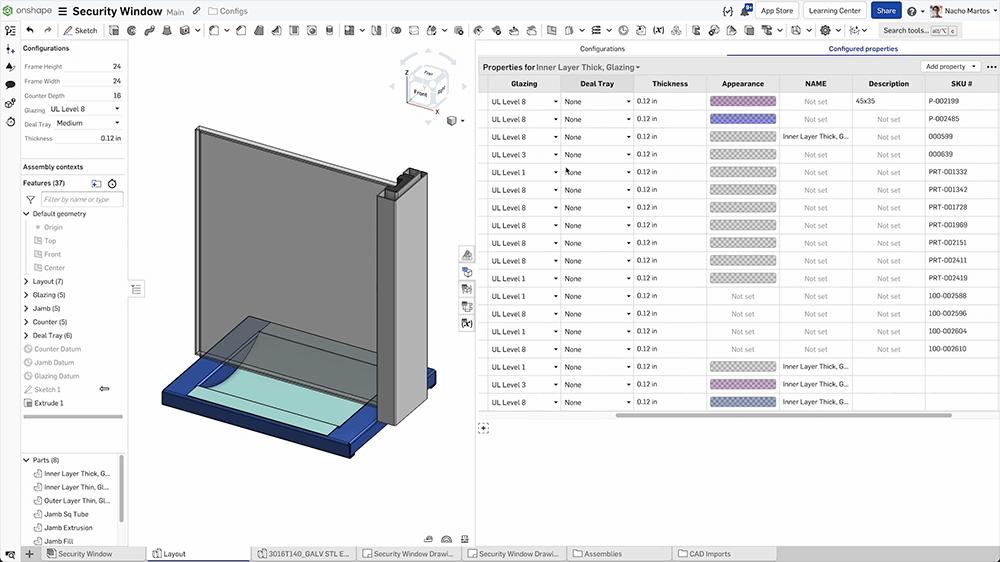 menu de configurations dans Onshape