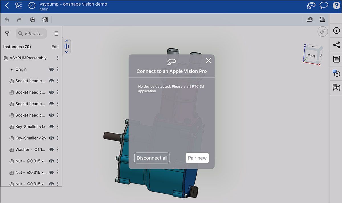 Apple Vision Pro pairing window in Onshape