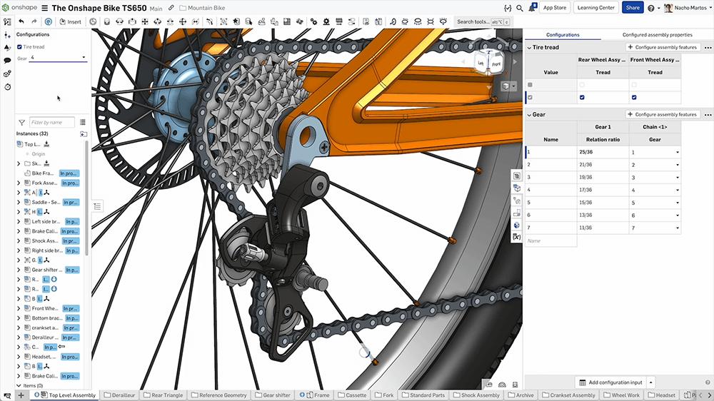 menu de configurations dans Onshape