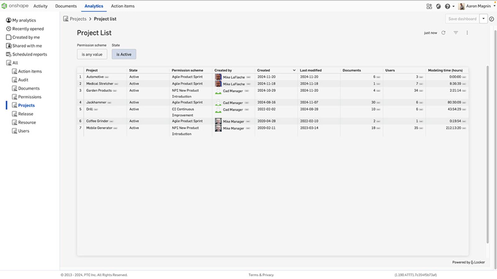 Project dashboard in Onshape