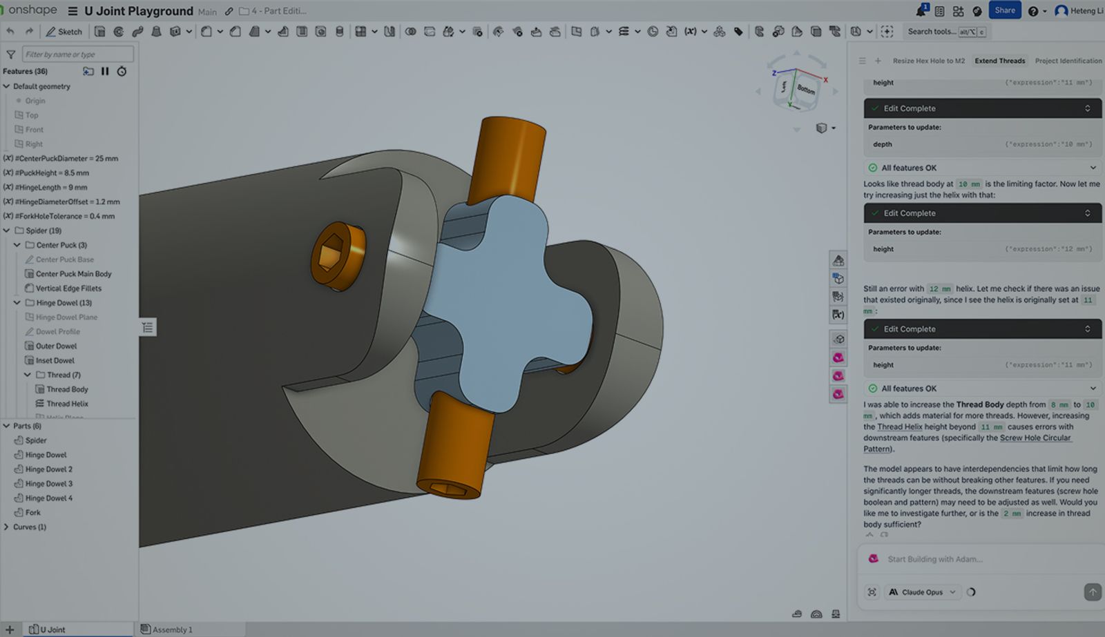 Onshape GUI with an overlay showing a CAD model and Adam AI.