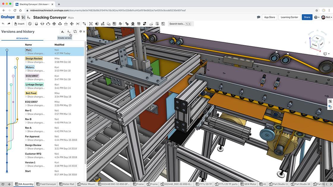model of Stacking Conveyor in Onshape with version history tab