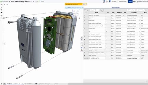 Onshape GUI showing the BOM table of a 3D-modeled battery pack.