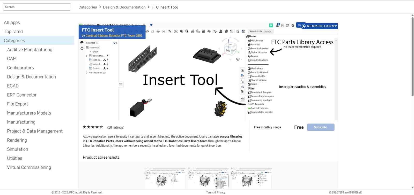 Onshape App Store GUI showing the FTC Insert Tool page.