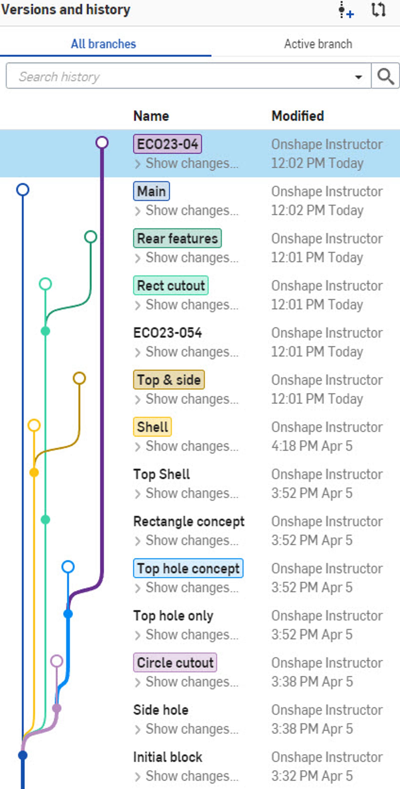 image of the versions and history panel