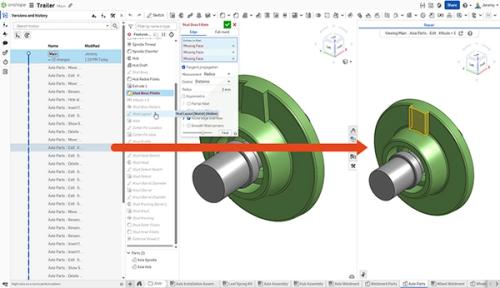 Image showing the versions and history panel of a CAD model with a broken reference.