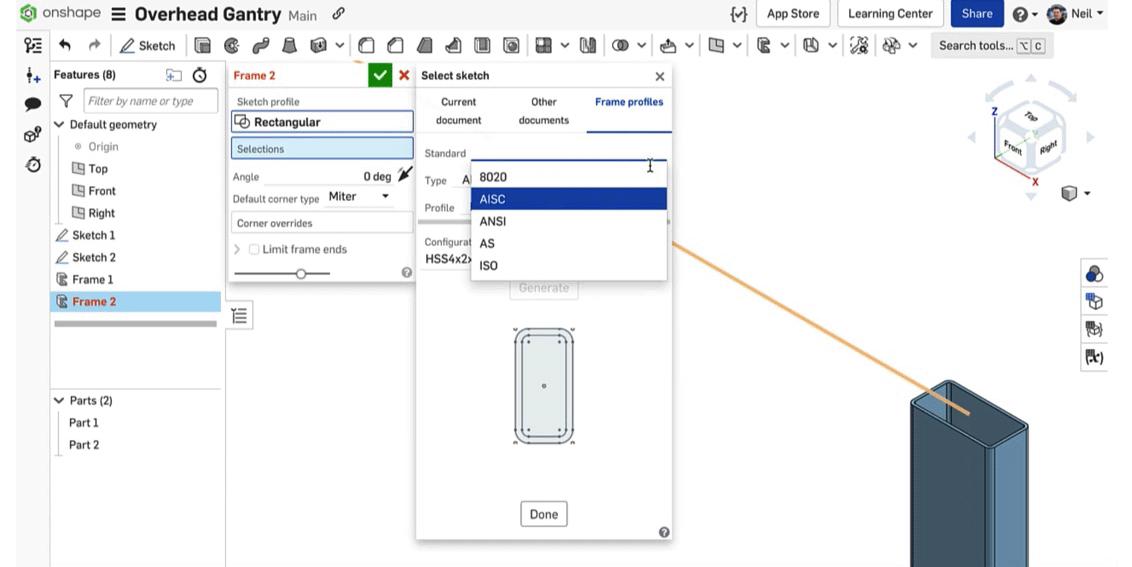 Frame profiles in Onshape