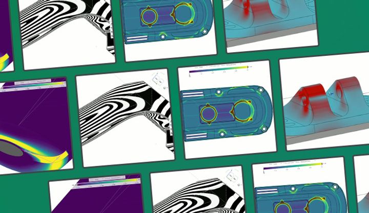 Collage of CAD models undergoing validation visualization.