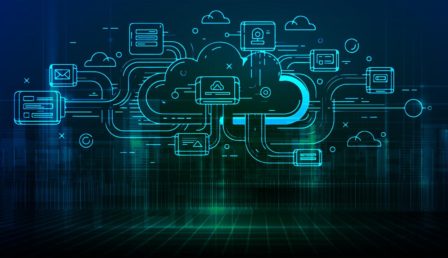 Immagine d'archivio che mostra un'illustrazione cloud con uno sfondo tecnologico.