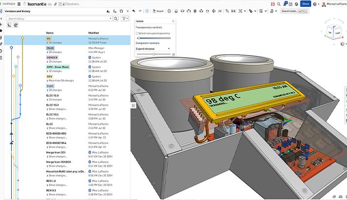 Onshape GUI showing the Versions and history panel for a 3D-modeled Isomantle.