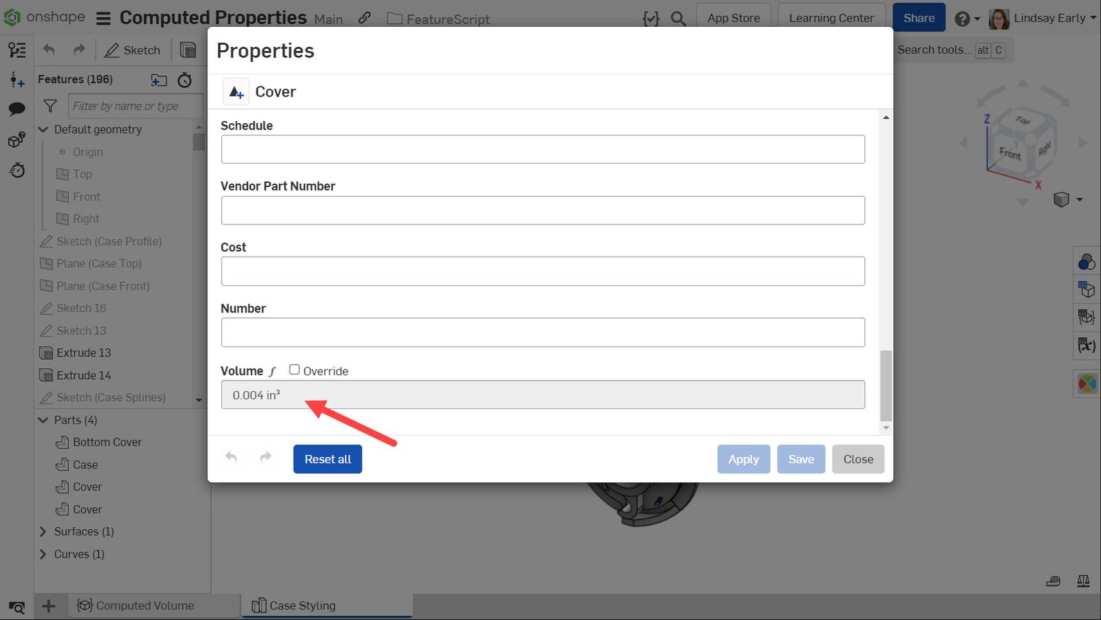 Volume property in the dialog