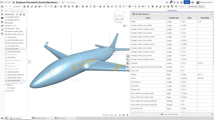 Onshape GUI showing a 3D modeled airplane with parametrically controlled surfaces.