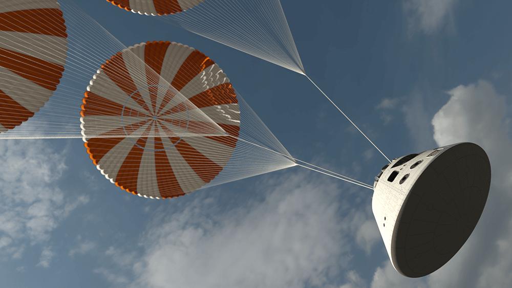 rendu d'une navette spatiale avec des parachutes dans le ciel