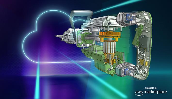 Illustration showing a CAD model built in Onshape and the AWS Marketplace logo