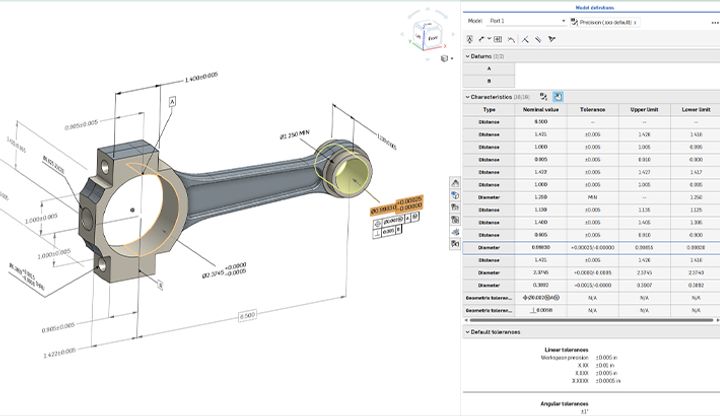 Onshape GUI showing a CAD model with PMI embedded through MBD.