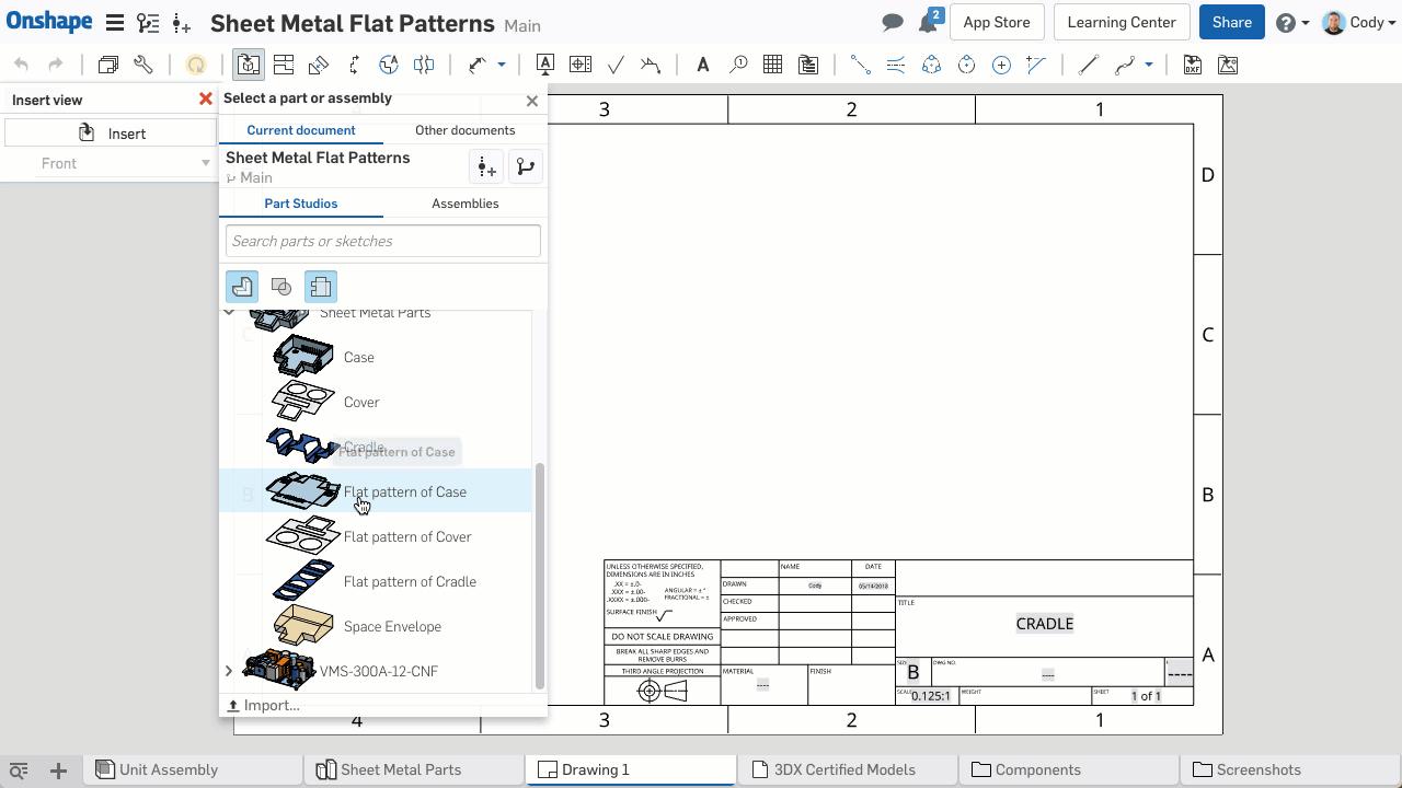 Animated GIF showing a flat pattern being inserted into a drawing view in Onshape.
