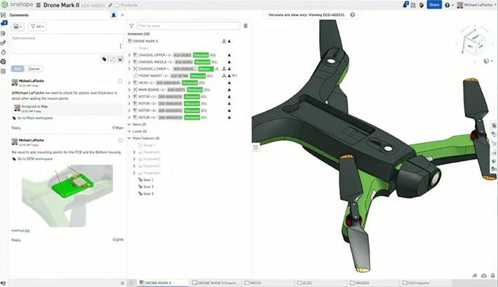 Onshape GUI showing a 3D-modeled drone, with comments and instances.