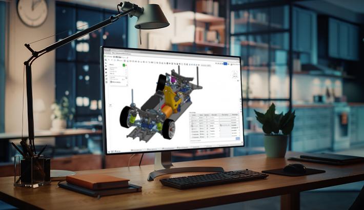 Stock images of a computer monitor on a desk showing a 3D CAD model in Onshape.