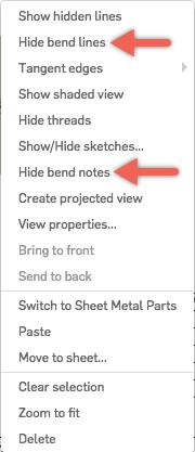Onshape GUI showing a closeup of options to hide bend lines and hide bend notes.