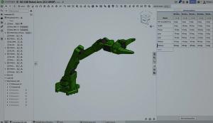 Onshape GUI with an overlay showing a 3D-modeled robot arm the Named positions panel open.