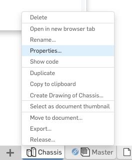 Screenshot showing where to navigate to modify part properties in Onshape.