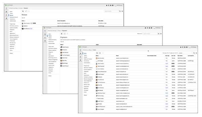Collage of three Onshape GUIs showing list of users and teams.