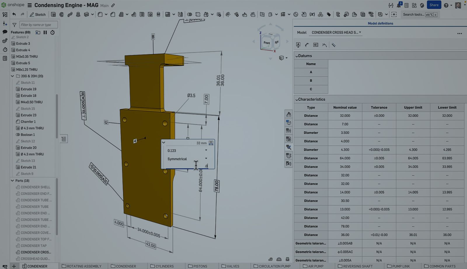 Onshape screenshot with an overlay showing MBD capabilities in Onshape