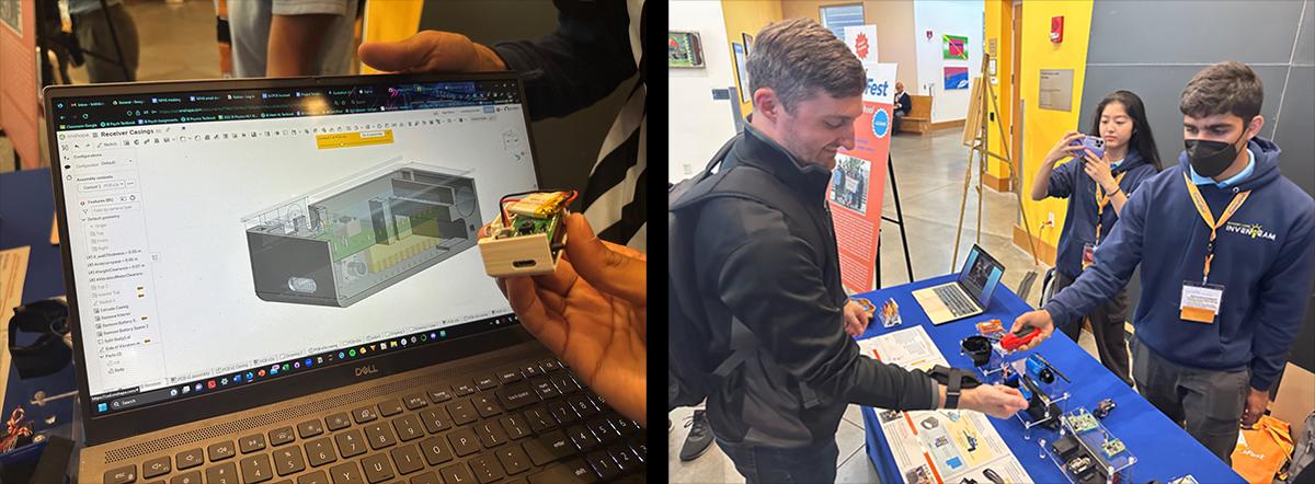 A CAD model on the right, and attendees at the EurekaFest on the left.