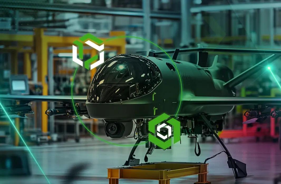 Military-style drone in a factory setting with Arena and Onshape icons overlaid.