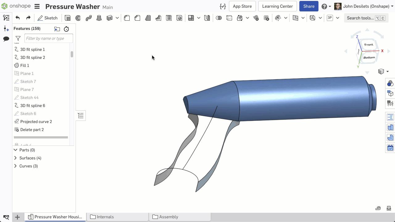 Onshape GUI showing 3D-modeled pressure washer and the Loft feature.