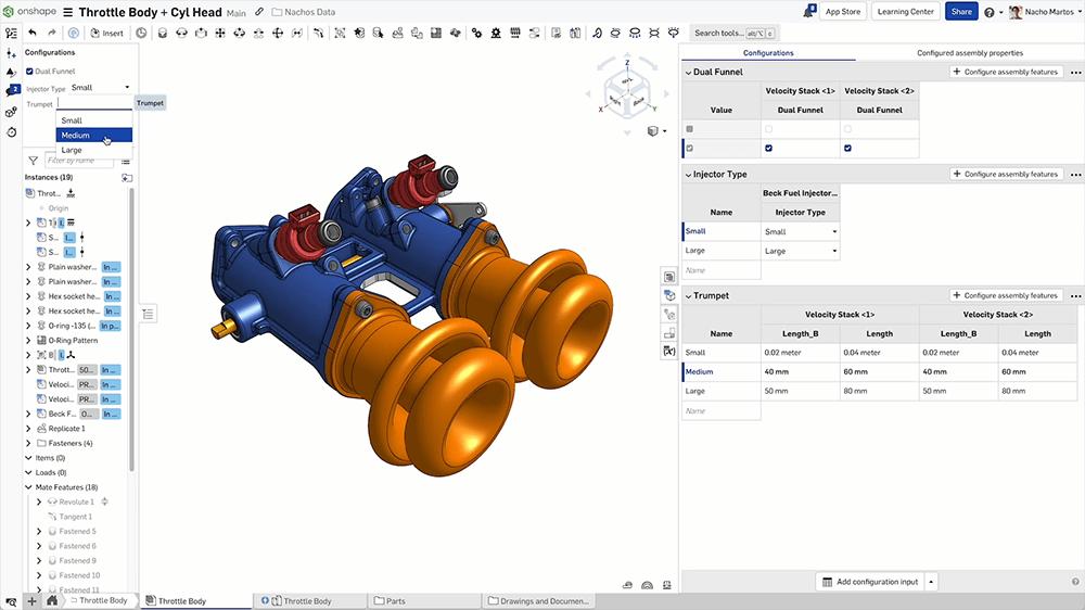 menu de configurations dans Onshape