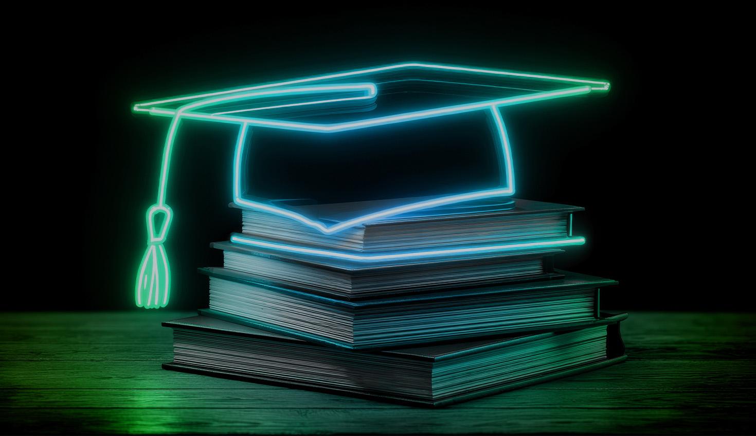 Illustration with an overlay showing a glowing graduation cap on top of a stack of books.