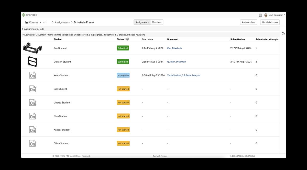 Class assignments in Onshape