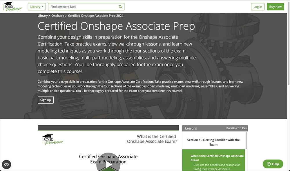 Screenshot of the SolidProfessor page with more information about the Certified Onshape Associate Prep.