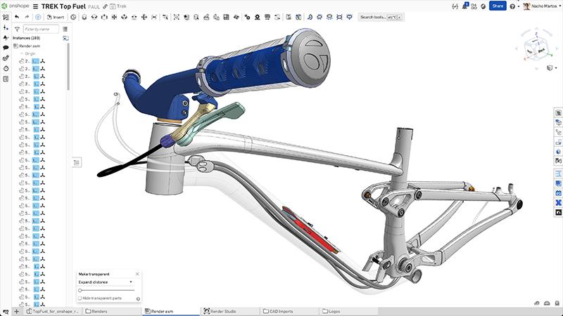 Frame assembly in Onshape showing off the cabling work inside of the frame.