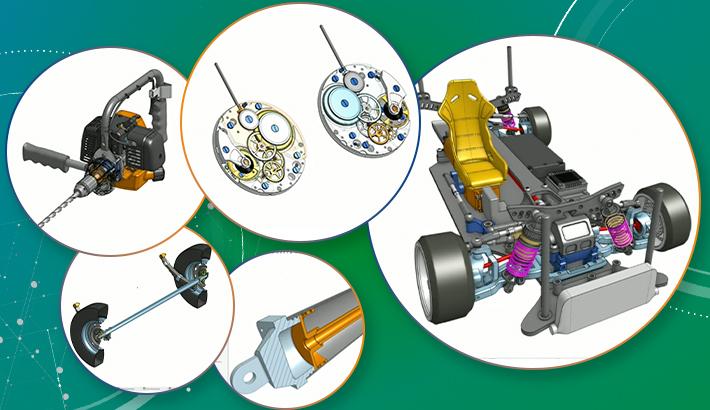 Collage of CAD models used in an Onshape demo highlighting new features.