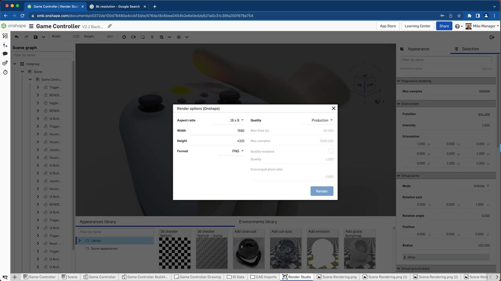 Panneau d'options de Render Studio dans Onshape