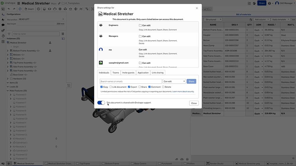 fenêtre de partage de documents dans Onshape