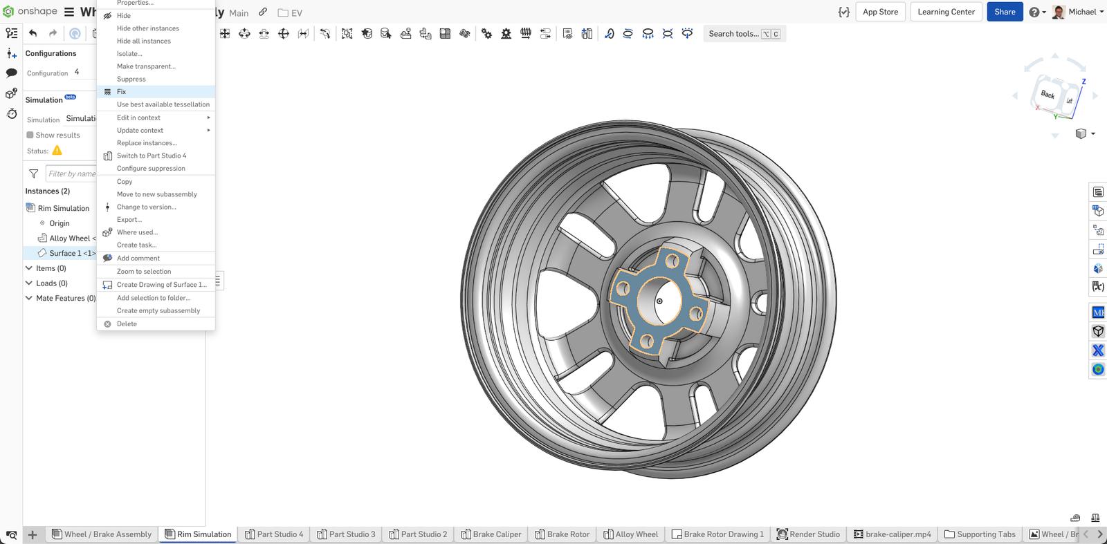 screenshot of selecting "fix" in onshape