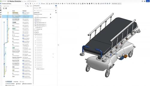 Onshape GUI showing the Versions and history panel for a 3D-modeled medical stretcher.