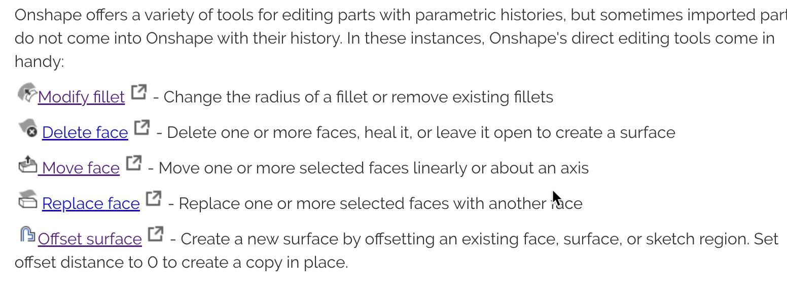 Tools for editing parts: modify fillet, delete face, move face, replace face, offset surface