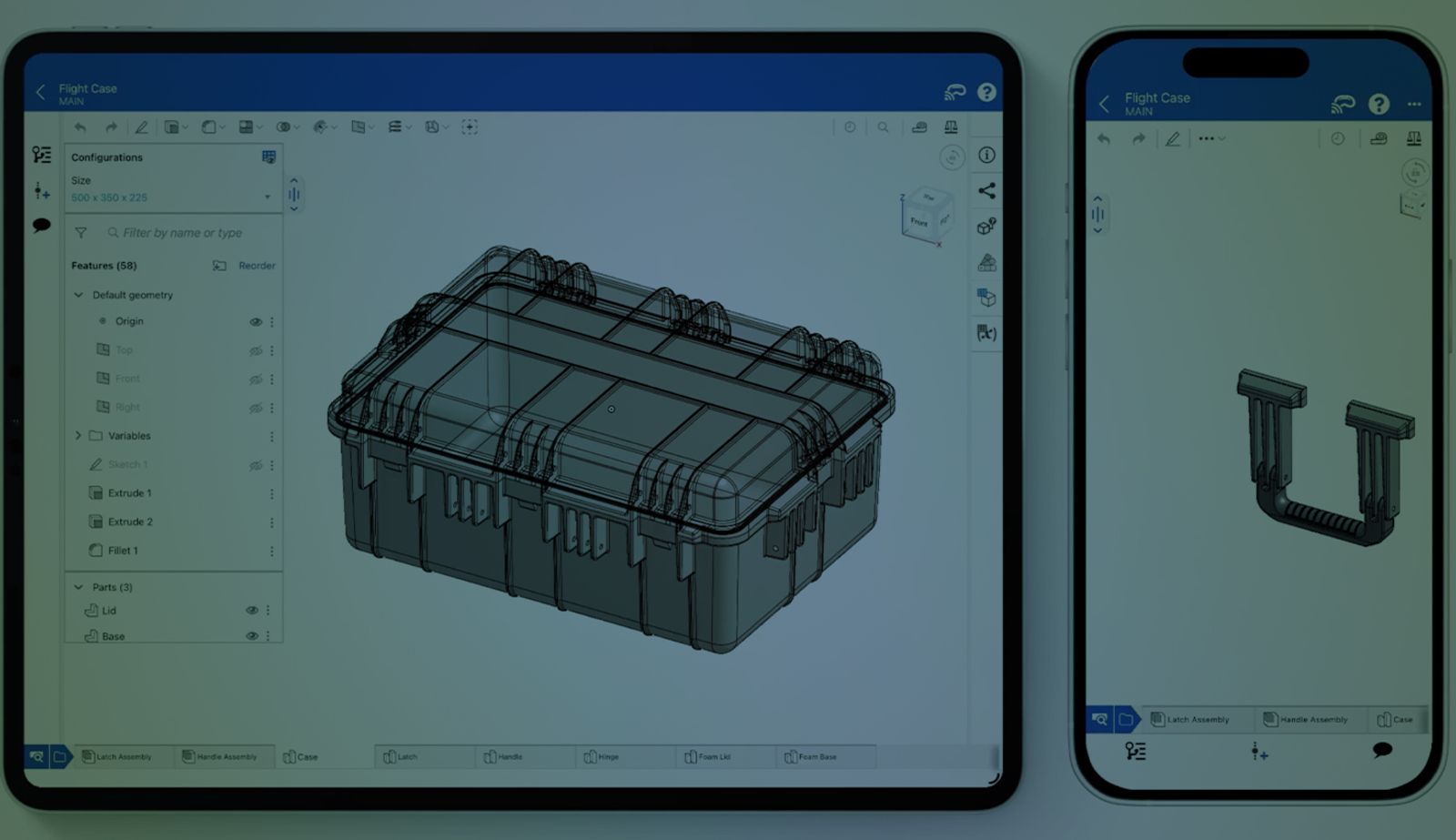 Onshape GUI darkened with an overlay on iOS devices, an iPad and iPhone, showing a CAD model.